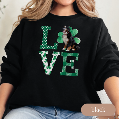 Bernese Mountain Dog Love Shamrock Sweatshirt, St Patricks Day Crewneck Sweatshirt, Irish Gift, Bernese Lover Apparel, Green Clover Top