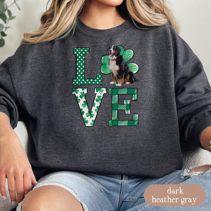 Bernese Mountain Dog Love Shamrock Sweatshirt, St Patricks Day Crewneck Sweatshirt, Irish Gift, Bernese Lover Apparel, Green Clover Top