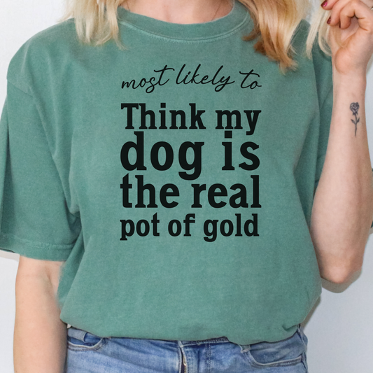 Most Likely to Think My Dog is the Real Pot of Gold Shirt, Funny St. Patrick’s Day Dog Lover Tee, Lucky Shamrock Pet Owner Gift