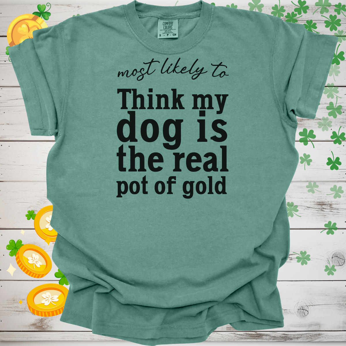 Most Likely to Think My Dog is the Real Pot of Gold Shirt, Funny St. Patrick’s Day Dog Lover Tee, Lucky Shamrock Pet Owner Gift