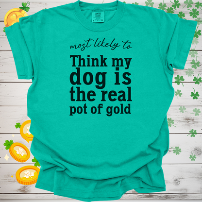 Most Likely to Think My Dog is the Real Pot of Gold Shirt, Funny St. Patrick’s Day Dog Lover Tee, Lucky Shamrock Pet Owner Gift
