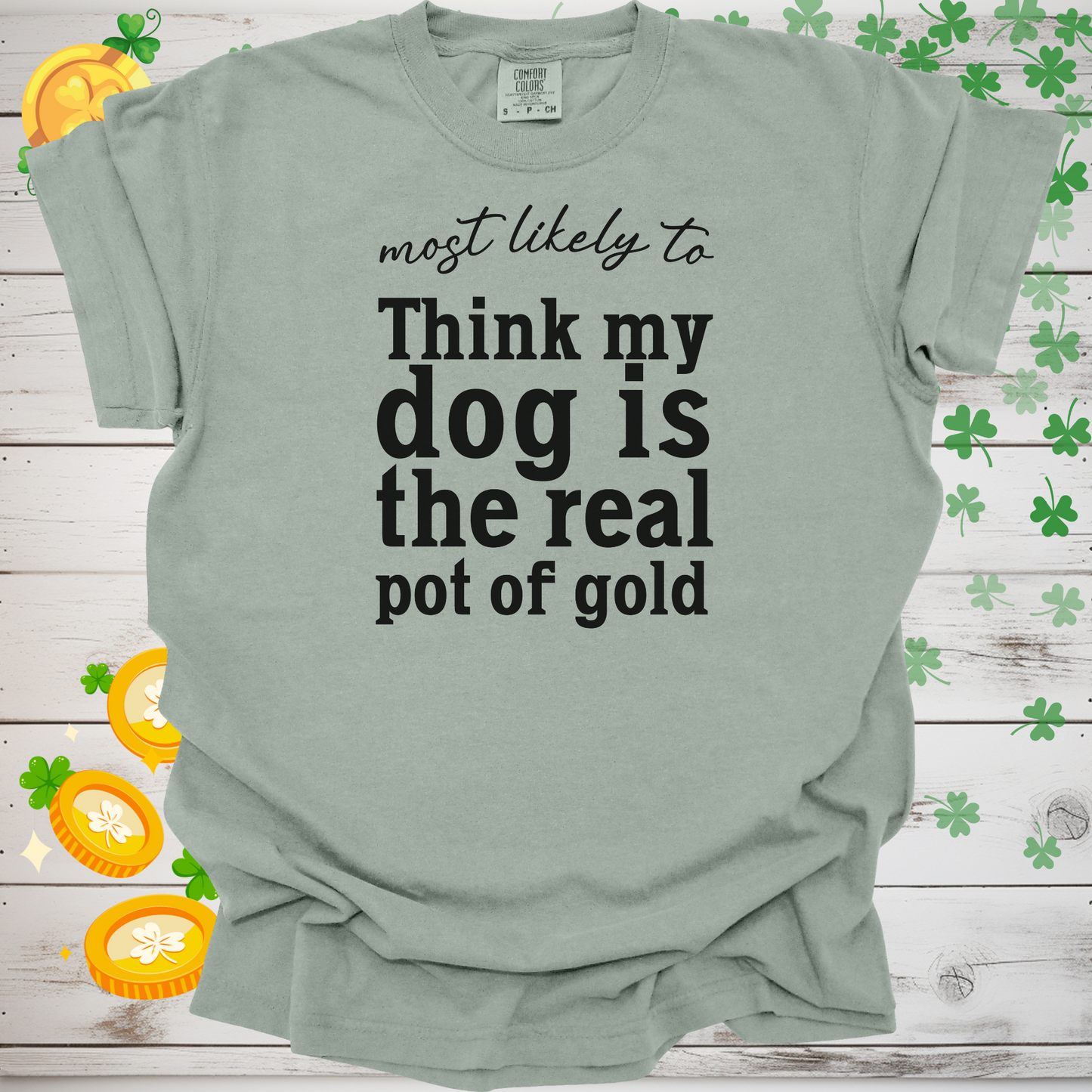 Most Likely to Think My Dog is the Real Pot of Gold Shirt, Funny St. Patrick’s Day Dog Lover Tee, Lucky Shamrock Pet Owner Gift