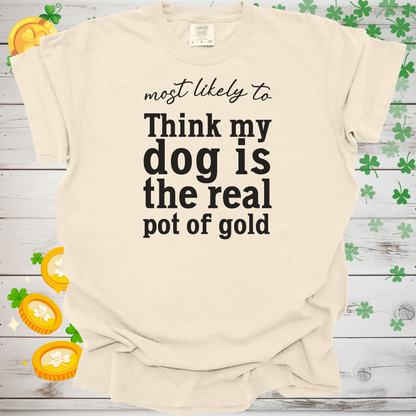 Most Likely to Think My Dog is the Real Pot of Gold Shirt, Funny St. Patrick’s Day Dog Lover Tee, Lucky Shamrock Pet Owner Gift