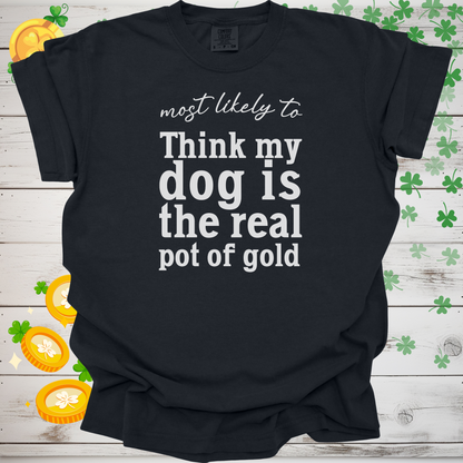 Most Likely to Think My Dog is the Real Pot of Gold Shirt, Funny St. Patrick’s Day Dog Lover Tee, Lucky Shamrock Pet Owner Gift
