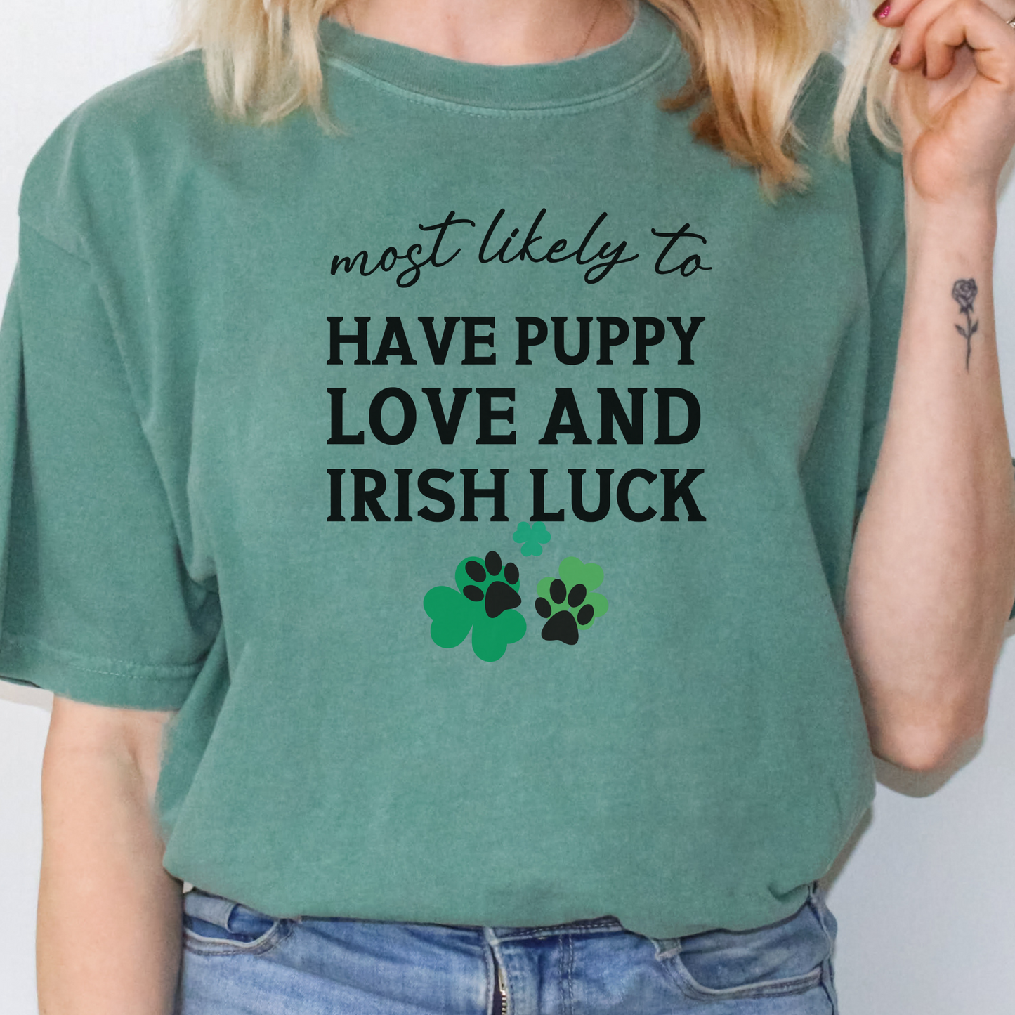 Most Likely to Have Puppy Love and Irish Luck Shirt, Funny St. Patrick’s Day Dog Lover Tee, Lucky Shamrock Pet Owner Gift 🍀🐶