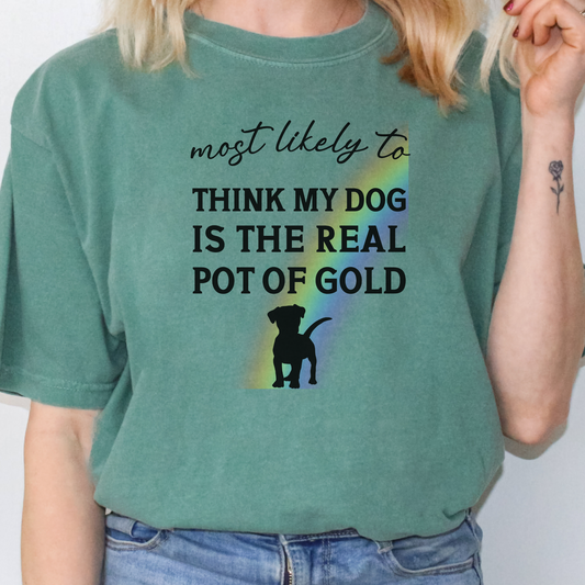 Most Likely to Think My Dog is the Real Pot of Gold Shirt, Funny St. Patrick’s Day Dog Lover Tee, Lucky Shamrock Pet Owner Gift 🍀🐶🌈