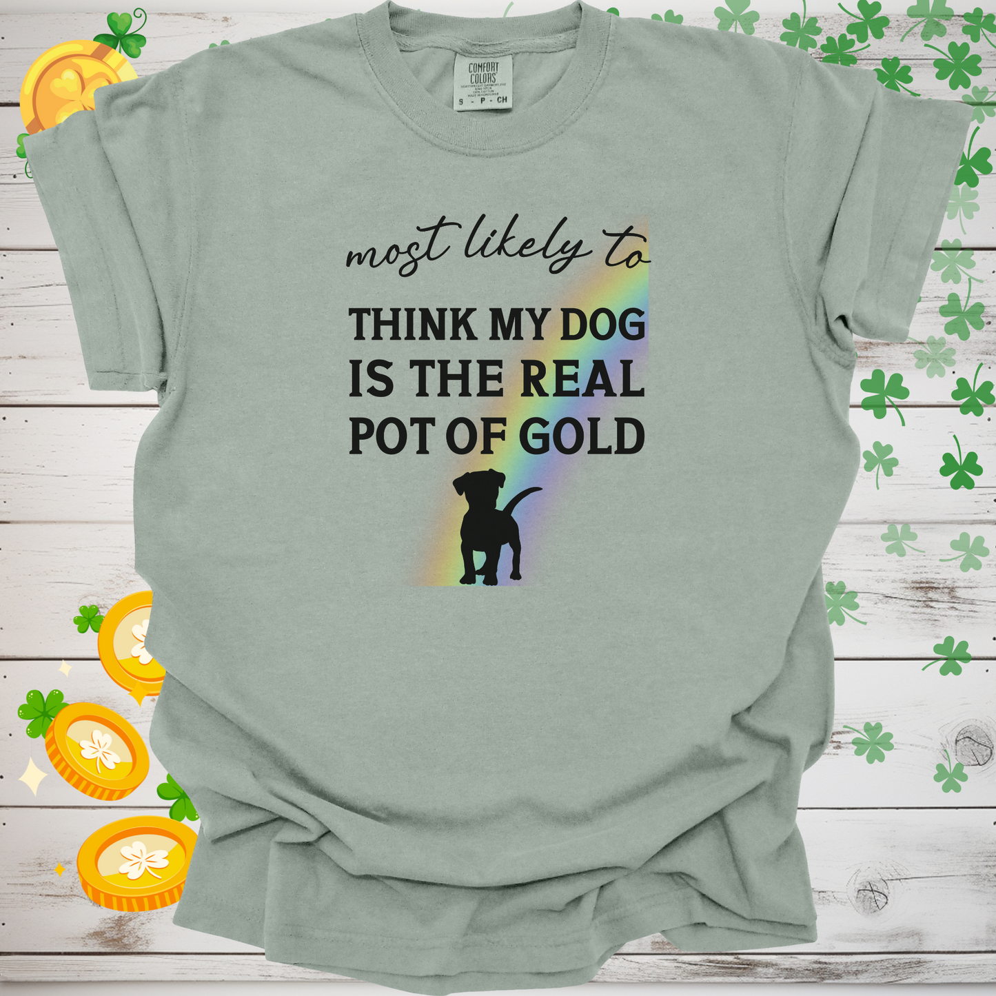 Most Likely to Think My Dog is the Real Pot of Gold Shirt, Funny St. Patrick’s Day Dog Lover Tee, Lucky Shamrock Pet Owner Gift 🍀🐶🌈
