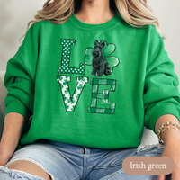 Load image into Gallery viewer, Scottish Terrier Love Shamrock Sweatshirt, St Patricks Day Crewneck Sweatshirt, Irish Gift, Scottie Lover Apparel, Green Clover Top
