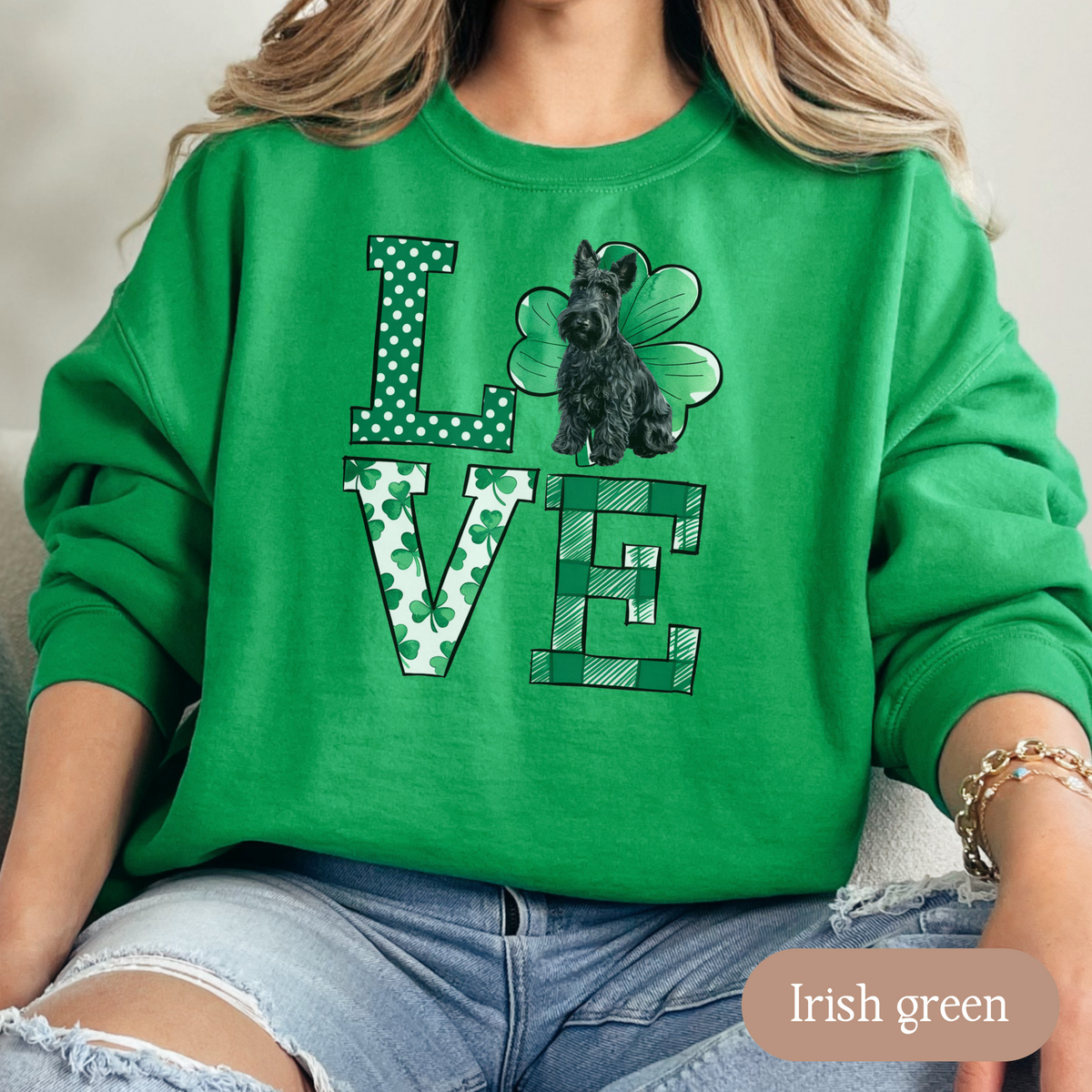 Scottish Terrier Love Shamrock Sweatshirt, St Patricks Day Crewneck Sweatshirt, Irish Gift, Scottie Lover Apparel, Green Clover Top