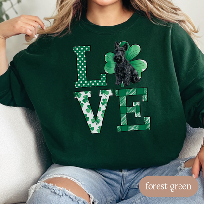 Scottish Terrier Love Shamrock Sweatshirt, St Patricks Day Crewneck Sweatshirt, Irish Gift, Scottie Lover Apparel, Green Clover Top
