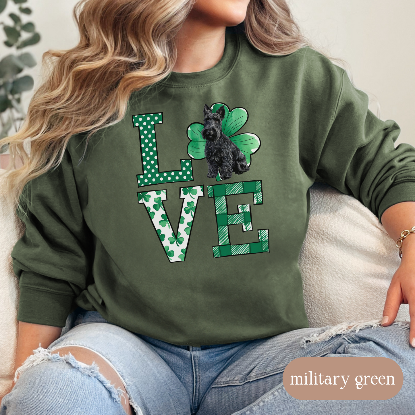 Scottish Terrier Love Shamrock Sweatshirt, St Patricks Day Crewneck Sweatshirt, Irish Gift, Scottie Lover Apparel, Green Clover Top