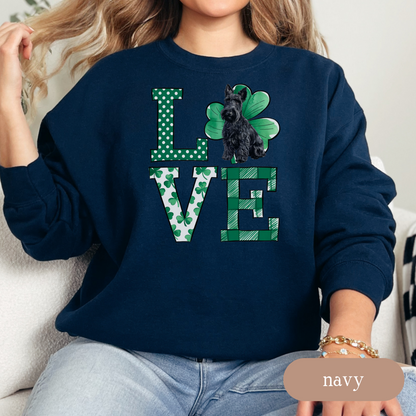 Scottish Terrier Love Shamrock Sweatshirt, St Patricks Day Crewneck Sweatshirt, Irish Gift, Scottie Lover Apparel, Green Clover Top