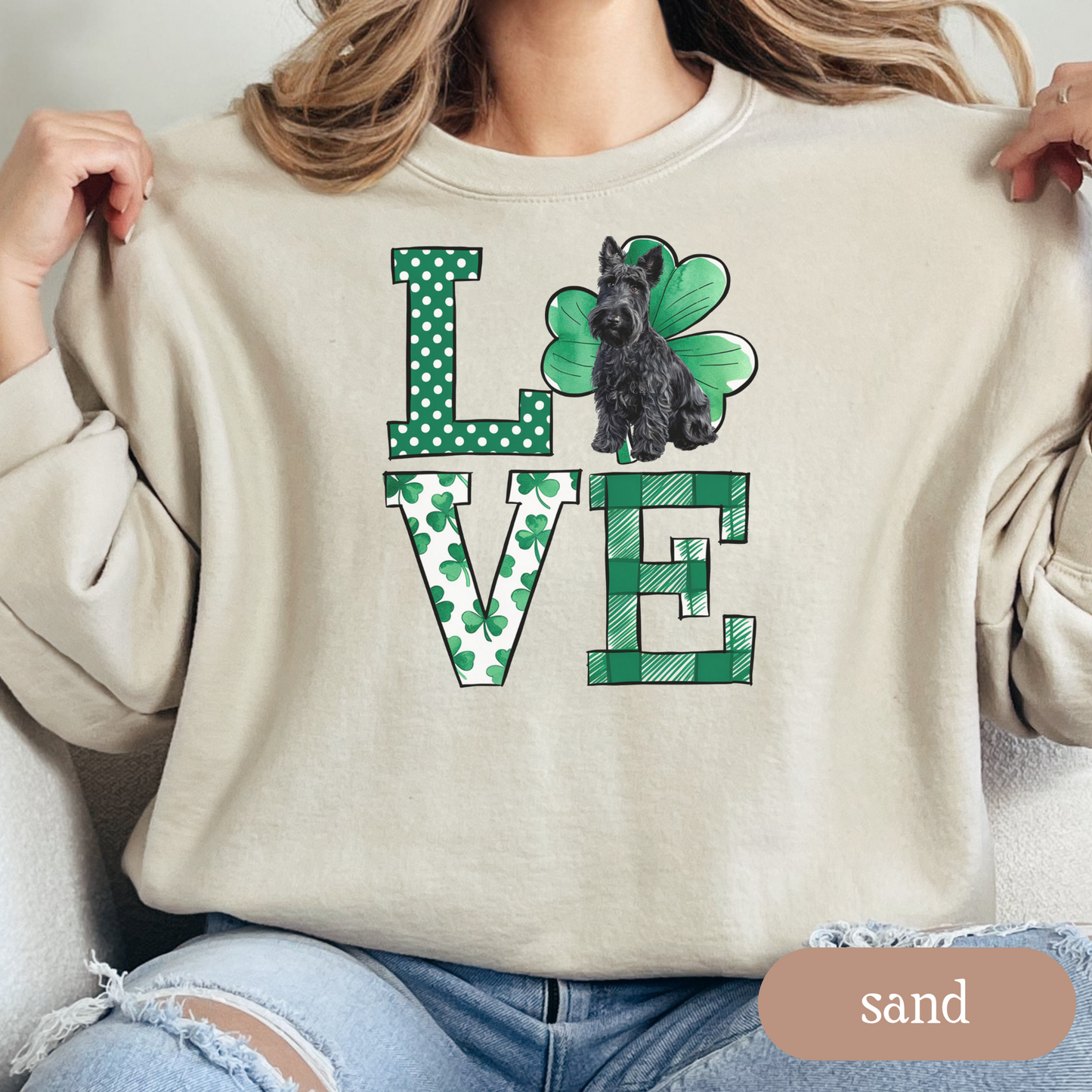 Scottish Terrier Love Shamrock Sweatshirt, St Patricks Day Crewneck Sweatshirt, Irish Gift, Scottie Lover Apparel, Green Clover Top