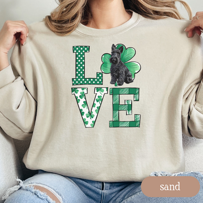 Scottish Terrier Love Shamrock Sweatshirt, St Patricks Day Crewneck Sweatshirt, Irish Gift, Scottie Lover Apparel, Green Clover Top