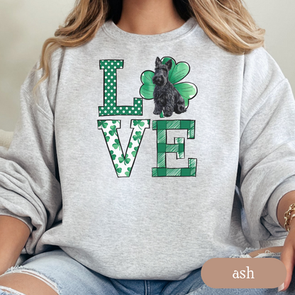 Scottish Terrier Love Shamrock Sweatshirt, St Patricks Day Crewneck Sweatshirt, Irish Gift, Scottie Lover Apparel, Green Clover Top