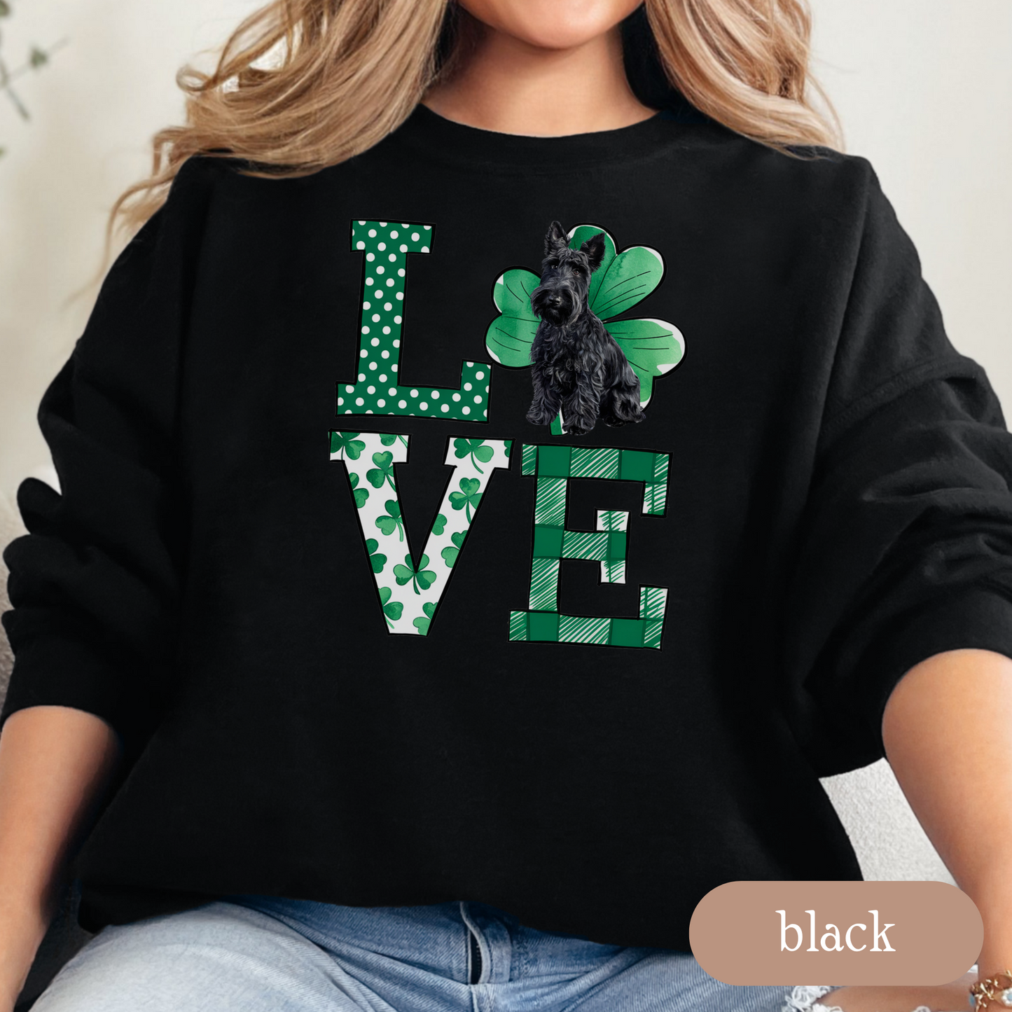 Scottish Terrier Love Shamrock Sweatshirt, St Patricks Day Crewneck Sweatshirt, Irish Gift, Scottie Lover Apparel, Green Clover Top