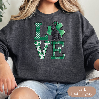 Scottish Terrier Love Shamrock Sweatshirt, St Patricks Day Crewneck Sweatshirt, Irish Gift, Scottie Lover Apparel, Green Clover Top