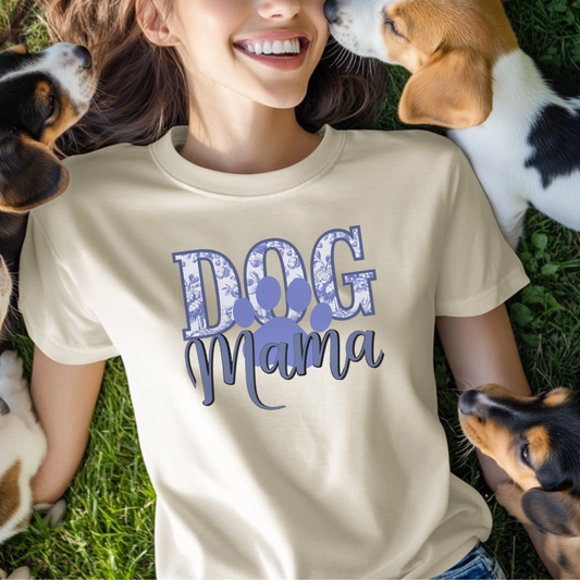 Dog Mama T-Shirt with Blue Floral Design, Cute Pet Lover Shirt, Gift for Dog Moms, Paw Print Dog Mom Tee