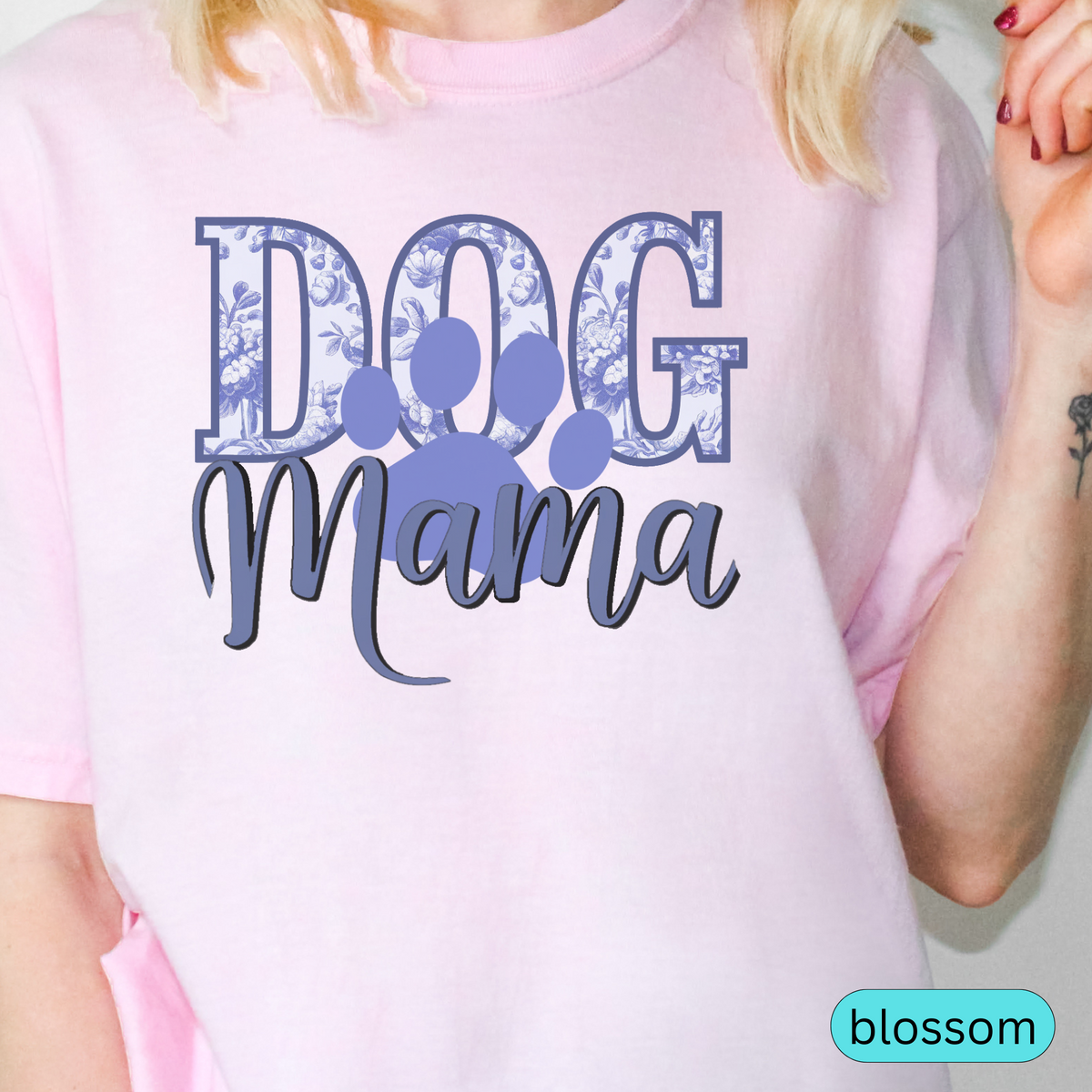 Dog Mama T-Shirt with Blue Floral Design, Cute Pet Lover Shirt, Gift for Dog Moms, Paw Print Dog Mom Tee