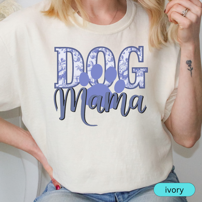Dog Mama T-Shirt with Blue Floral Design, Cute Pet Lover Shirt, Gift for Dog Moms, Paw Print Dog Mom Tee