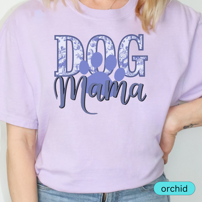 Dog Mama T-Shirt with Blue Floral Design, Cute Pet Lover Shirt, Gift for Dog Moms, Paw Print Dog Mom Tee