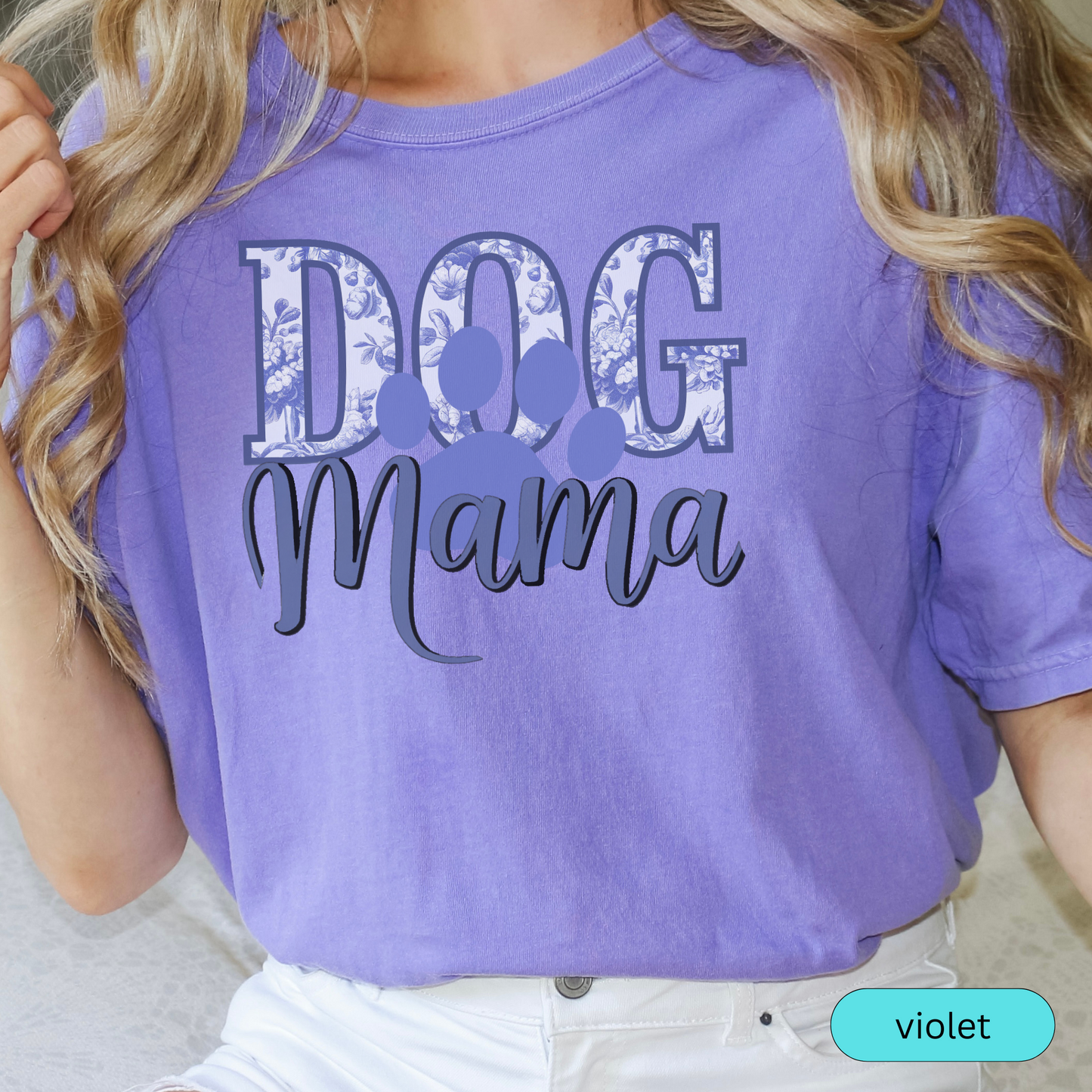 Dog Mama T-Shirt with Blue Floral Design, Cute Pet Lover Shirt, Gift for Dog Moms, Paw Print Dog Mom Tee