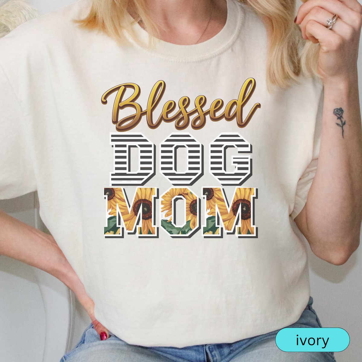 Blessed Dog Mom T-Shirt with Sunflower and Stripes Design, Cute Pet Lover Shirt, Gift for Dog Moms, Paw Print Dog Mama Tee