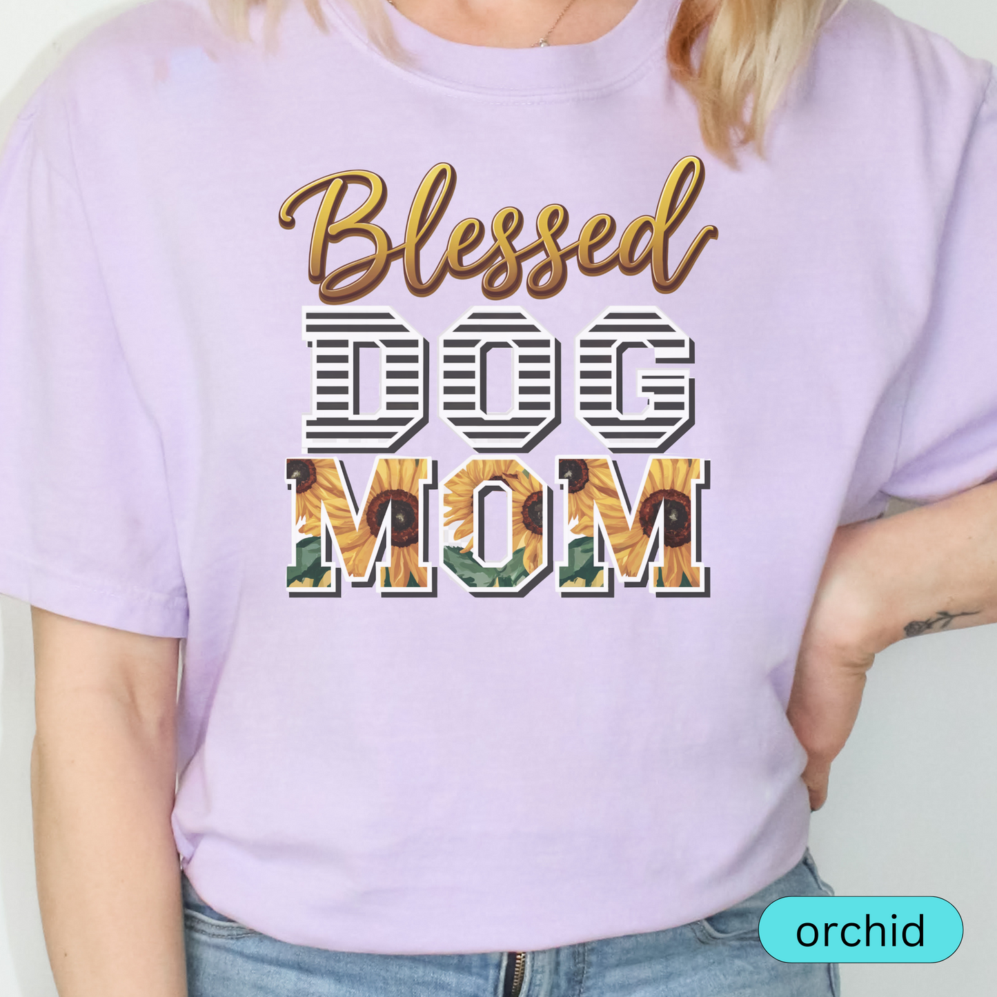 Blessed Dog Mom T-Shirt with Sunflower and Stripes Design, Cute Pet Lover Shirt, Gift for Dog Moms, Paw Print Dog Mama Tee