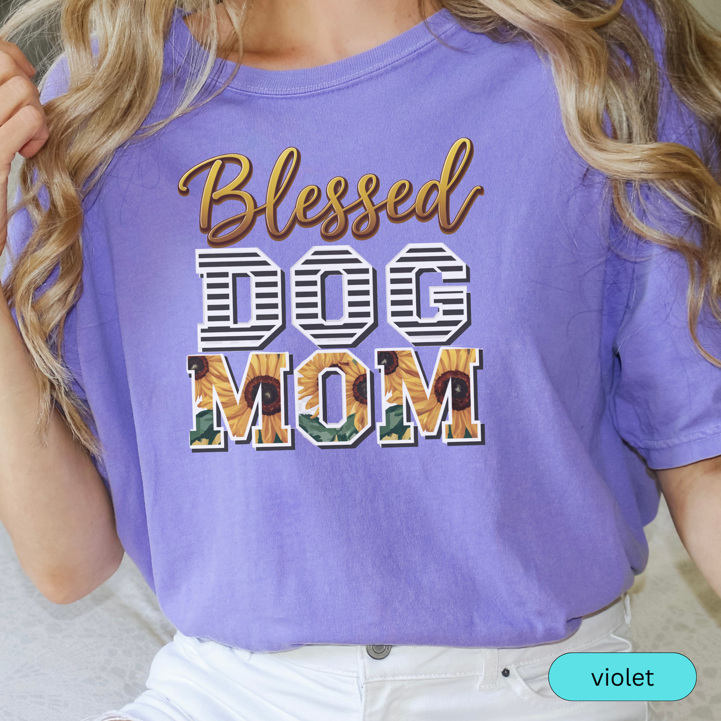 Blessed Dog Mom T-Shirt with Sunflower and Stripes Design, Cute Pet Lover Shirt, Gift for Dog Moms, Paw Print Dog Mama Tee