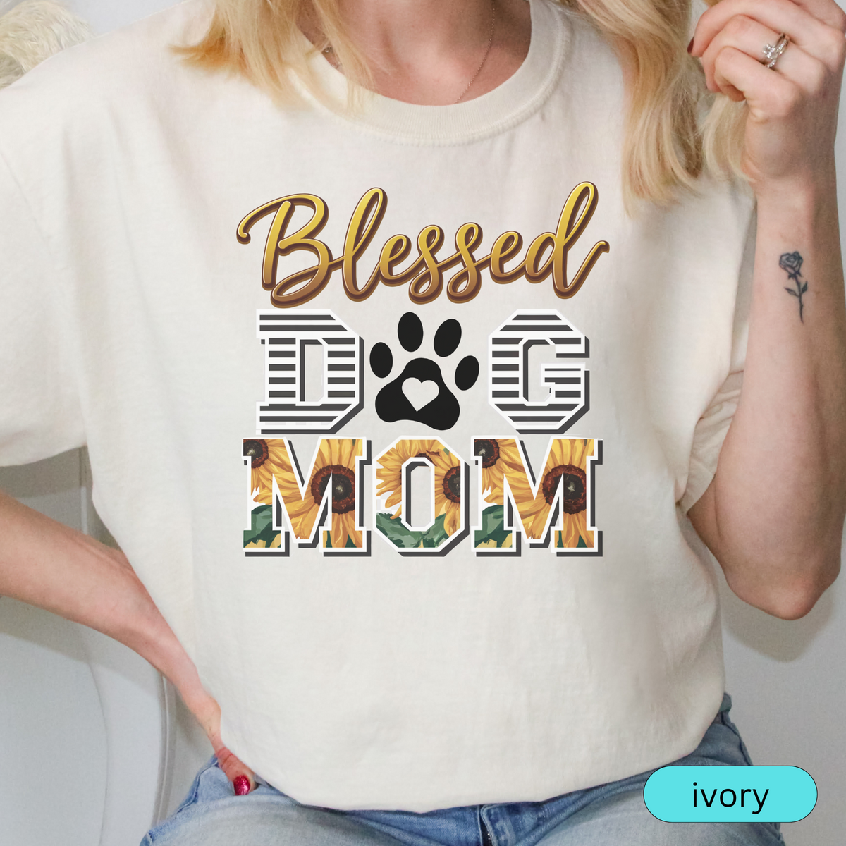 Blessed Dog Mom T-Shirt with Sunflower Design, Cute Pet Lover Shirt, Gift for Dog Moms, Paw Print Dog Mama Tee