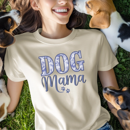 Dog Mama T-Shirt with Blue Floral Design, Cute Pet Lover Shirt, Paw Print Dog Mom Tee, Gift for Dog Moms