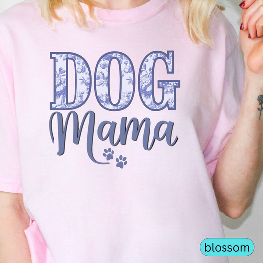 Dog Mama T-Shirt with Blue Floral Design, Cute Pet Lover Shirt, Paw Print Dog Mom Tee, Gift for Dog Moms