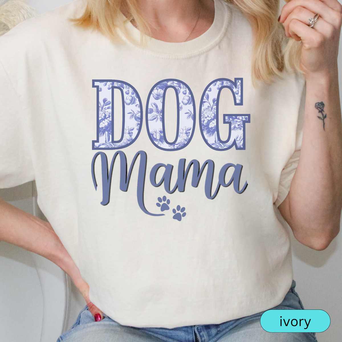 Dog Mama T-Shirt with Blue Floral Design, Cute Pet Lover Shirt, Paw Print Dog Mom Tee, Gift for Dog Moms