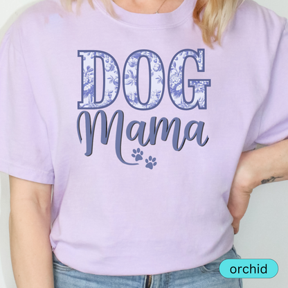 Dog Mama T-Shirt with Blue Floral Design, Cute Pet Lover Shirt, Paw Print Dog Mom Tee, Gift for Dog Moms