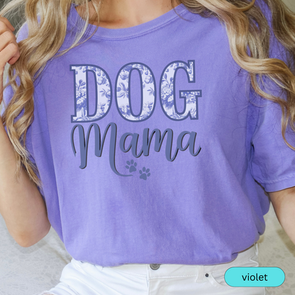 Dog Mama T-Shirt with Blue Floral Design, Cute Pet Lover Shirt, Paw Print Dog Mom Tee, Gift for Dog Moms