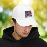 Load image into Gallery viewer, Man of God Hat, Husband, Dad, Grandpa Patriotic Cap, Christian American Flag Hat, Faith-Based Gift for Men
