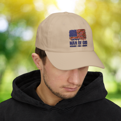 Man of God Hat, Husband, Dad, Grandpa Patriotic Cap, Christian American Flag Hat, Faith-Based Gift for Men