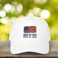 Load image into Gallery viewer, Man of God Hat, Husband, Dad, Grandpa Patriotic Cap, Christian American Flag Hat, Faith-Based Gift for Men
