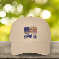 Load image into Gallery viewer, Man of God Hat, Husband, Dad, Grandpa Patriotic Cap, Christian American Flag Hat, Faith-Based Gift for Men

