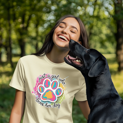 Just a Girl Who Loves Her Dog T-Shirt, Cute & Colorful Dog Mom Gift, Paw Print Shirt for Pet Lovers, Girly Dog Lover Tee