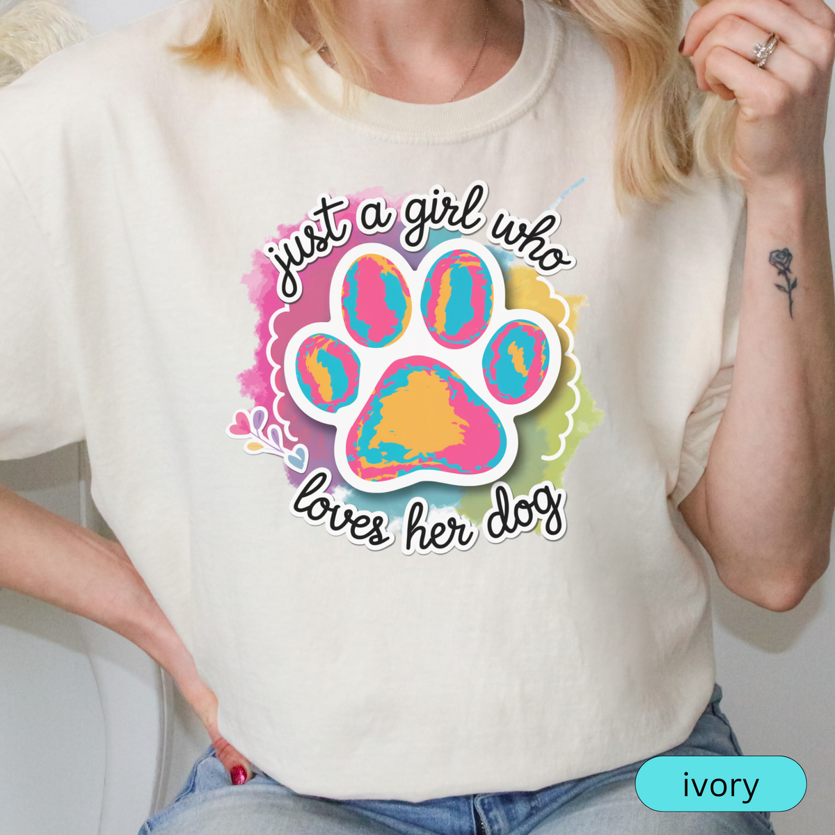 Just a Girl Who Loves Her Dog T-Shirt, Cute & Colorful Dog Mom Gift, Paw Print Shirt for Pet Lovers, Girly Dog Lover Tee