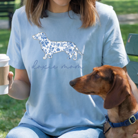 Doxie Mom T-Shirt, Blue Toile Floral Dachshund Design, Cute Gift for Dog Lovers, Comfort Colors Stylish Women's Tee, Blue Chinoiserie Dog