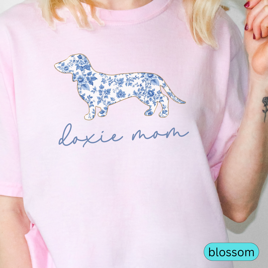 Doxie Mom T-Shirt, Blue Toile Floral Dachshund Design, Cute Gift for Dog Lovers, Comfort Colors Stylish Women's Tee, Blue Chinoiserie Dog