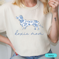 Load image into Gallery viewer, Doxie Mom T-Shirt, Blue Toile Floral Dachshund Design, Cute Gift for Dog Lovers, Comfort Colors Stylish Women&#39;s Tee, Blue Chinoiserie Dog
