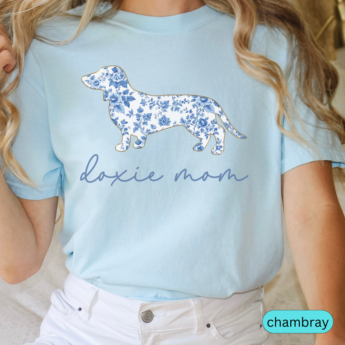 Doxie Mom T-Shirt, Blue Toile Floral Dachshund Design, Cute Gift for Dog Lovers, Comfort Colors Stylish Women's Tee, Blue Chinoiserie Dog