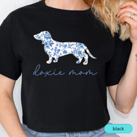 Load image into Gallery viewer, Doxie Mom T-Shirt, Blue Toile Floral Dachshund Design, Cute Gift for Dog Lovers, Comfort Colors Stylish Women&#39;s Tee, Blue Chinoiserie Dog
