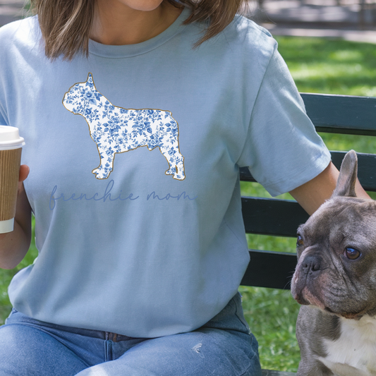 Frenchie Mom T-Shirt, Blue Toile Floral French Bulldog Design, Perfect Gift for Dog Lovers, Comfort Colors Cute Women's Tee, Chinoiserie Dog