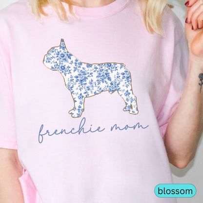 Frenchie Mom T-Shirt, Blue Toile Floral French Bulldog Design, Perfect Gift for Dog Lovers, Comfort Colors Cute Women's Tee, Chinoiserie Dog