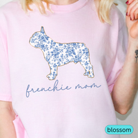 Load image into Gallery viewer, Frenchie Mom T-Shirt, Blue Toile Floral French Bulldog Design, Perfect Gift for Dog Lovers, Comfort Colors Cute Women&#39;s Tee, Chinoiserie Dog
