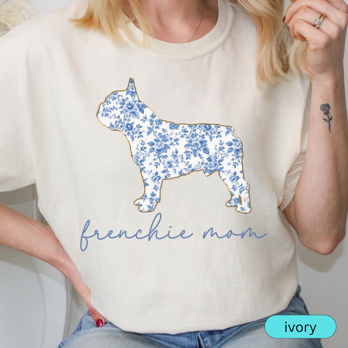 Frenchie Mom T-Shirt, Blue Toile Floral French Bulldog Design, Perfect Gift for Dog Lovers, Comfort Colors Cute Women's Tee, Chinoiserie Dog